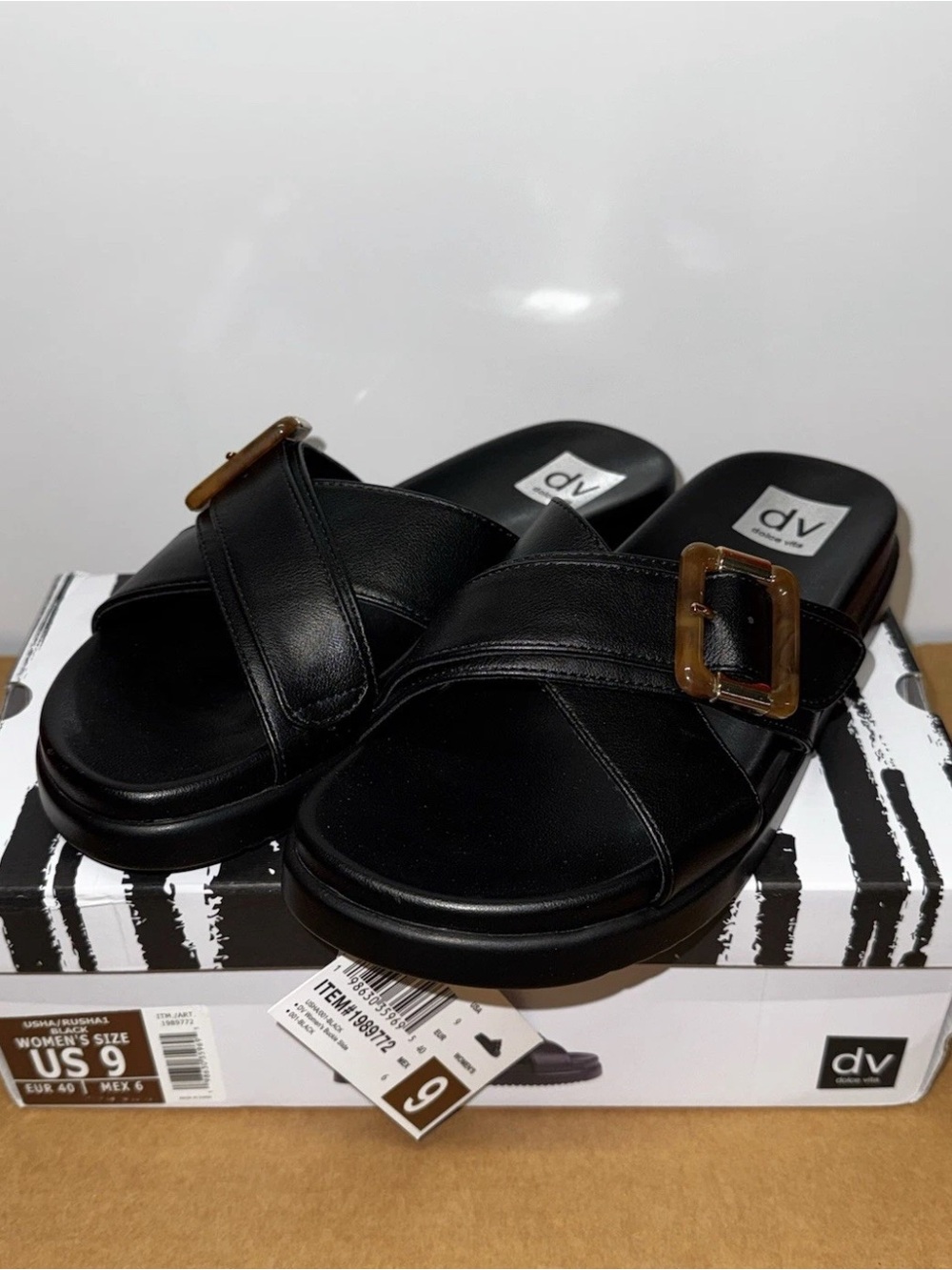 DV Dolce Vita Usha Black Slide Sandals Tortoise Buckle Platform Shoes US 9 NEW